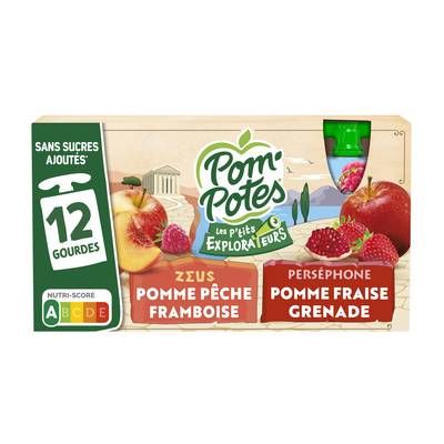 Pom Potes Compote Pomme Pêche Framboise et Pomme Fraise Grenade, 12x90g