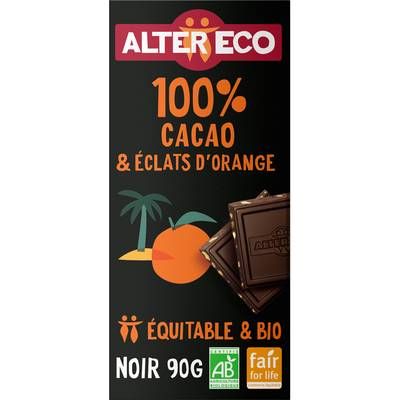 Alter Eco - Commerce Equitable Chocolat Noir 100% Cacao Eclat d'Orange Bio de République Dominicaine, 90g