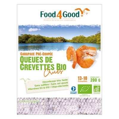 Food4Good Queues de crevettes crues Bio- Carapace pré-coupée- 13 à 18 pièces, Boite de 200g