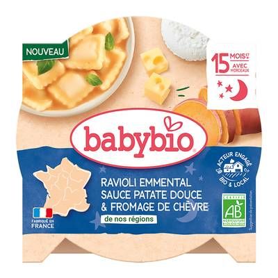 Babybio - Bonne Nuit Ravioli Emmental Sauce Patate Douce et Fromage de Chèvre Bio Assiette Bébé Dès 15 mois, 190g
