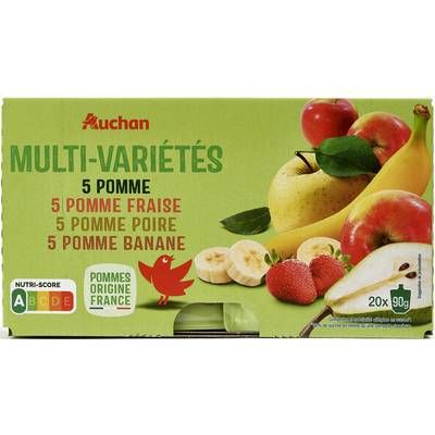 Auchan Gourdes compote de pomme fraise poire banane allégées en sucre, 20x90g