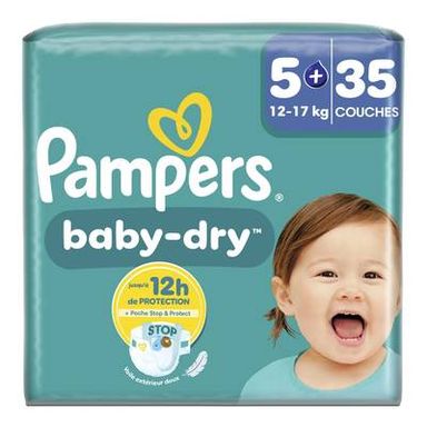 Pampers Babydry Geant Couches Bébés Baby-Dry 12-17kg T5+, 35 couches