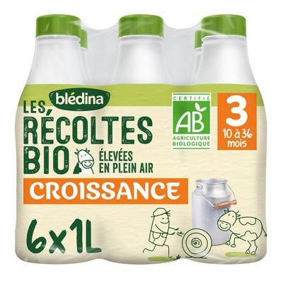 Blédina - Les Récoltes Bio Lait de Croissance Bio 3ème âge Liquide Bébé Dès 10 Mois, 6x1L