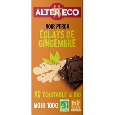 Alter Eco - Commerce Equitable Chocolat noir éclats de gingembre 60% Cacao Bio d'Equateur, 100g