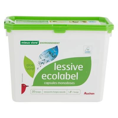 Auchan Mieux Vivre Lessive capsules Ecolabel Aloe vera, 20 capsules