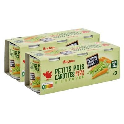Auchan Petits pois carottes extra-fins à l'étuvée, Lot de 2 - 3x130g