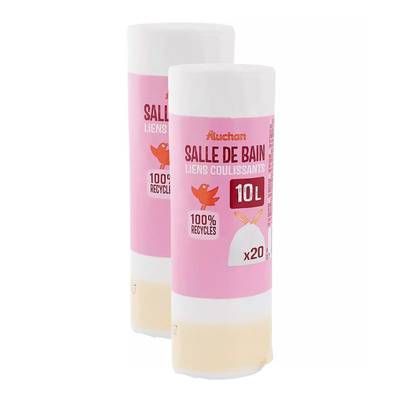 Auchan Sacs poubelle salle de bain à liens coulissants 10L, Lot de 2x20 sacs poubelles