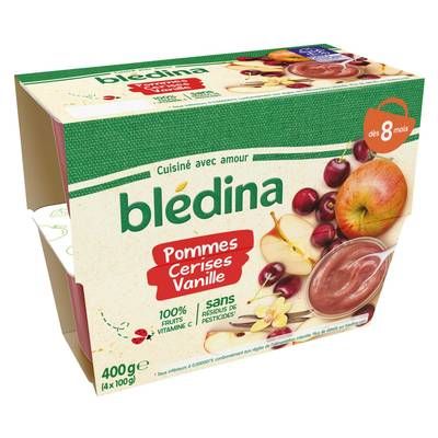 Blédina Pommes, Cerises, Vanille Coupelle Bébé Dès 8 mois, 4x100g