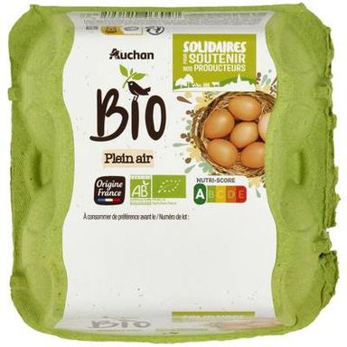 Auchan Solidaires Bio Oeufs de poules Bio élevées en plein air, calibre moyen, gros, 4 oeufs