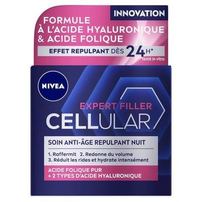 Nivea Crème Nuit Anti-rides Repulpant à l'Acide Hyaluronique et Acide Folique Cellular Expert Filler, 50ml