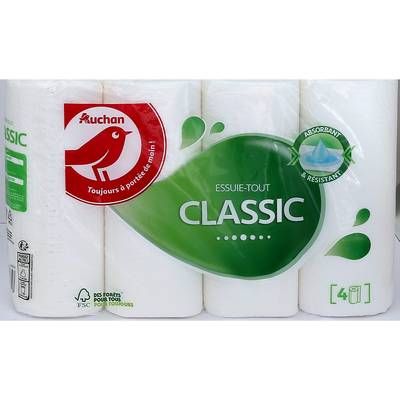 Auchan Essuie-tout classic blanc, 4 rouleaux