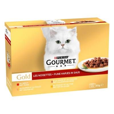 Purina - Gourmet Gold Boites Noisettes Boeuf, Poulet et Foie, Dinde et Canard, Saumon et Poulet pour chat adulte, 12x85g