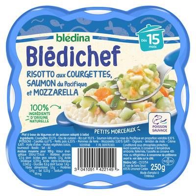 Blédina - Blédi'chef Risotto aux Courgettes Saumon du Pacifique et Mozzarella Assiette Bébé Dès 15 mois, 250g