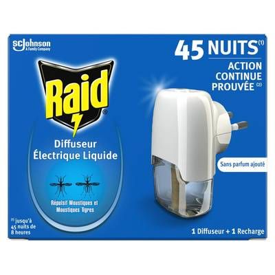 Raid Diffuseur Répulsif Moustiques 45 nuits, 1 diffuseur + 1 recharge