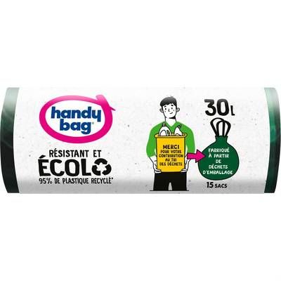 Handy Bag Sac poubelle recyclé avec poignée 30L, 15 sacs de  30L