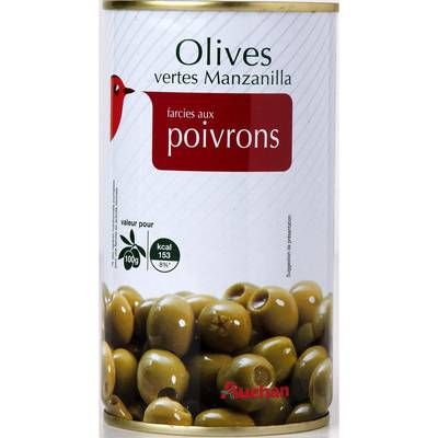 Auchan Olives vertes Manzanilla farcies aux poivrons, 150g