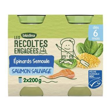 Blédina - Les Récoltes Engagées Epinards Semoule Saumon Sauvage MSC Pots Bébé Dès 6 mois, 2x200g