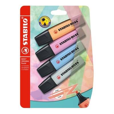 Stabilo Surligneurs pastels abricot, bleu, mauve et gris, Lot de 4 surligneurs