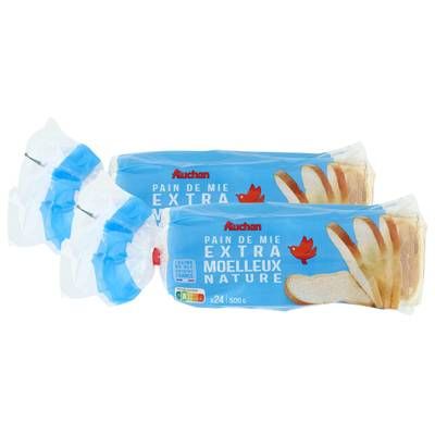 Auchan Pain de Mie Nature Extra Moelleux Avec Croûte Sans Huile de Palme, Lot de 2x500g