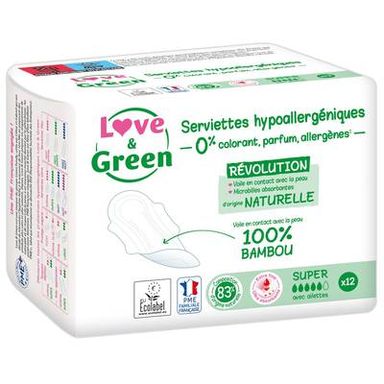 Love & Green Serviettes hygiéniques flux super, 12  serviettes