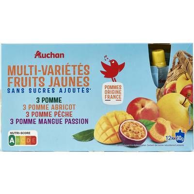 Auchan Gourdes purée de pomme abricot pêche mangue passion sans sucres ajoutés, 12x90g