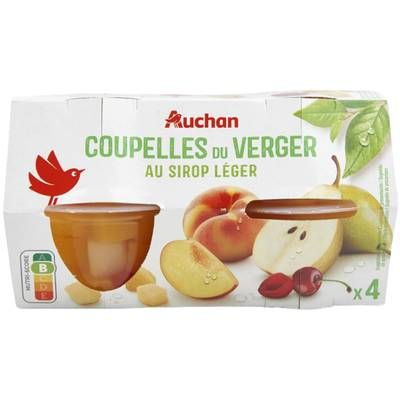 Auchan Coupelles à la pêche poire et bigarreaux du verger au sirop léger, 260g