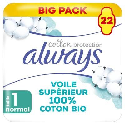 Always Serviettes Hygiéniques avec Ailettes Normal Taille 1 100% Coton Bio, 22 serviettes hygiéniques