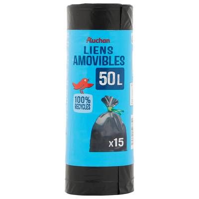 Auchan Sacs poubelle à liens amovibles 50L, 15 sacs poubelle