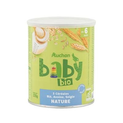 Auchan Baby Bio 3 céréales en poudre blé avoine seigle nature Bio Bébé dès 6 mois, 220g