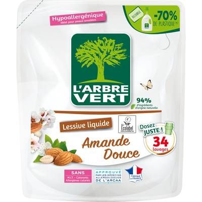 L'arbre Vert Lessive recharge hypoallergénique Amande douce, 1,53L