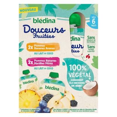 Blédina - Douceurs Fruitées 2 Variétés Végétales au Lait de Coco Gourde Bébé Dès 6 mois, 4x90g