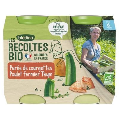 Blédina - Les Récoltes Bio Purée de Courgettes, Poulet fermier, Thym Bio Pot Bébé Dès 6 mois, 2x200g