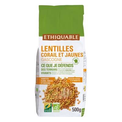 Ethiquable - Commerce Equitable Lentilles corail et jaunes Bio de Gascogne, 500g