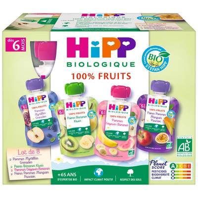 Hipp - 100% Fruits 4 variétés- Poire Pomme Mangue Passion, Pomme Goyave Banane, Poire Banane Kiwi Bio Gourdes Bébé Dès 6 mois, 8x90g