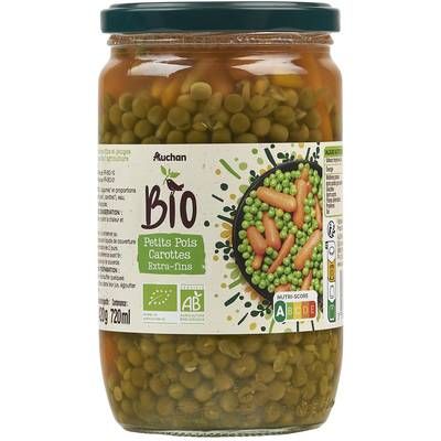 Auchan BIO Petits pois et jeunes carottes extra-fins Bio en bocal, 420g