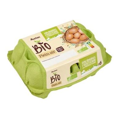 Auchan Solidaires Bio Oeufs de poules Bio élevées en plein air, 6 oeufs