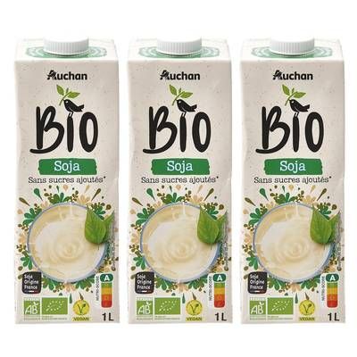 Auchan BIO Soja Nature bio sans sucres ajoutés boisson végétale, Lot de 3x1L