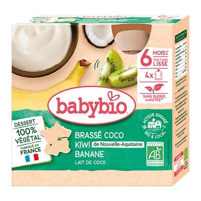 Babybio Brassé Végétal Lait de Coco, Kiwi, Banane Bio Gourde Bébé Dès 6 mois, 4x85g