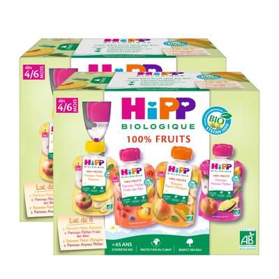Hipp - 100% Fruits 4 variétés Pomme Poire Banane, Pomme Pêche Fruits des bois, Banane Poire Bio Gourdes Bébé Dès 4/6 mois, Lot de 2 - 8x90g