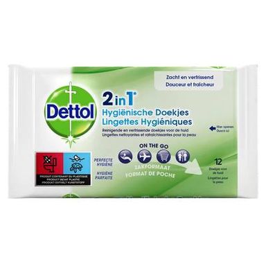 Dettol Lingettes Hygiéniques Désinfectantes 2en1 Surfaces et Mains Format Nomade, 12 lingettes