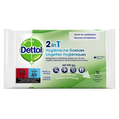 Dettol Lingettes Hygiéniques Désinfectantes 2en1 Surfaces et Mains Format Nomade, 12 lingettes