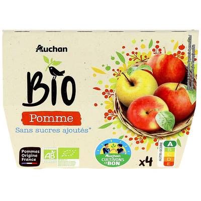 Auchan BIO Coupelles purée de pomme Bio sans sucres ajoutés, 4x100g
