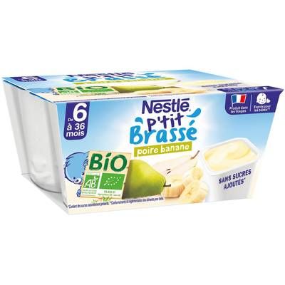 Nestlé - P'tit Brassé Dessert Lacté Banane Poire Bio Coupelle Bébé Dès 6 mois, 4x90g