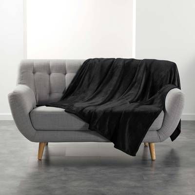 Douceur D Interieur Plaid Uni En Flanelle Noir, 180 x 220 cm