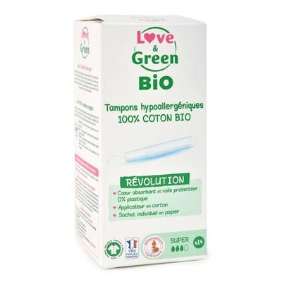 Love & Green Tampon 100% coton BIO avec applicateur - Super, 14 pièces