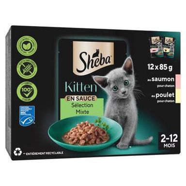 Sheba Sachets Mixte en sauce 2 recettes Saumon MSC et Volaille pour Chaton, 12x85g
