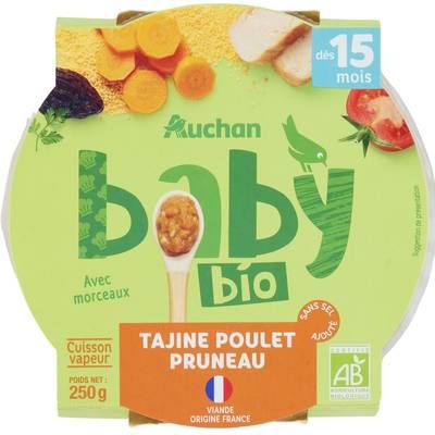 Auchan Baby Bio Tajine poulet et pruneau Bio Assiette Bébé dès 15 mois, 250g