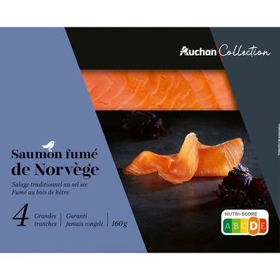 Auchan Collection Saumon de Norvège Fumé au Bois de Hêtre, 4 tranches - 160g