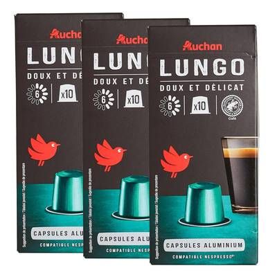 Auchan Capsules de café lungo, Lot de 3x10 capsules