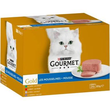 Purina - Gourmet Gold Boites Mousseline Lapin, Bœuf, Agneau, Veau pour chat adulte, 24x85g